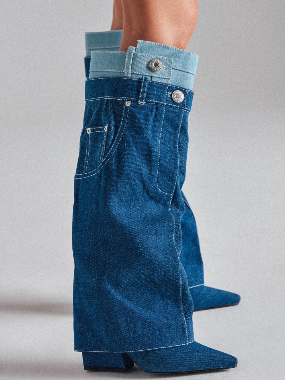 AKIRA AZALEA WANG Double Fly Denim Chunky Boot is twice the fun.